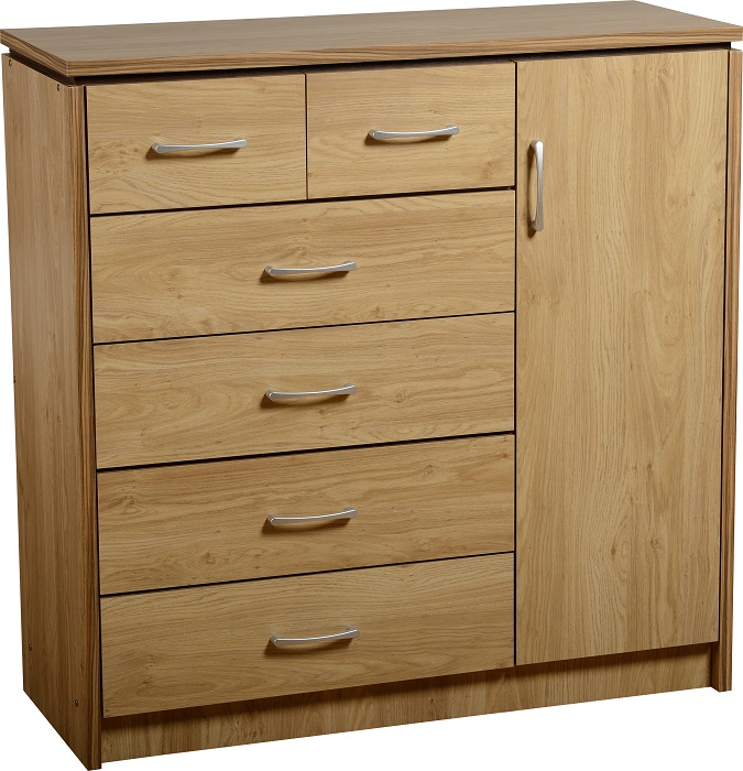 Charles one door six drawer chest. Oak effect veneer with walnut trim. , Please click to get details