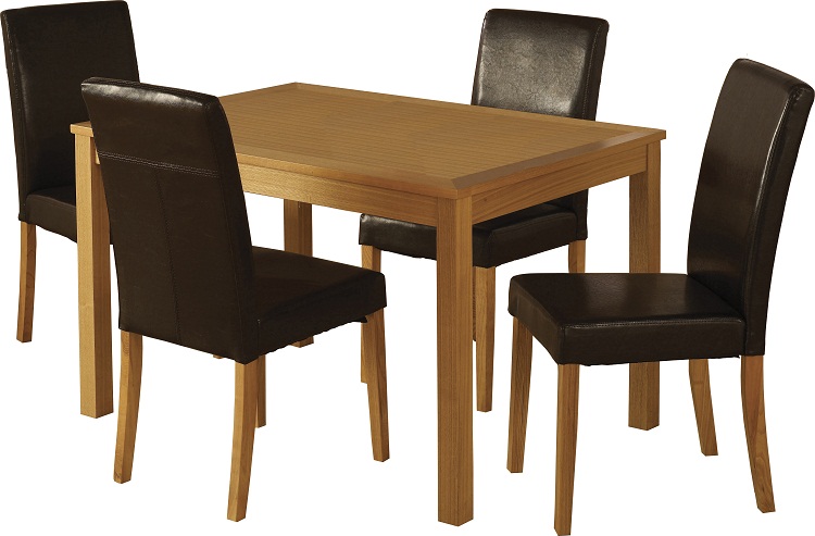 A compact square dining table with 4 smart looking chairs
